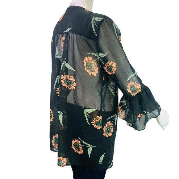CAbi Womens La Di Da Top Black Floral Print Sheer Bell Sleeve Blouse #5206 Sz S - Picture 6 of 12
